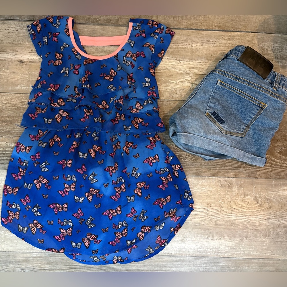 Weavers Girl Butterfly Outfit Set Blue Coral Ruffle Top & Shorts | Easter Spring